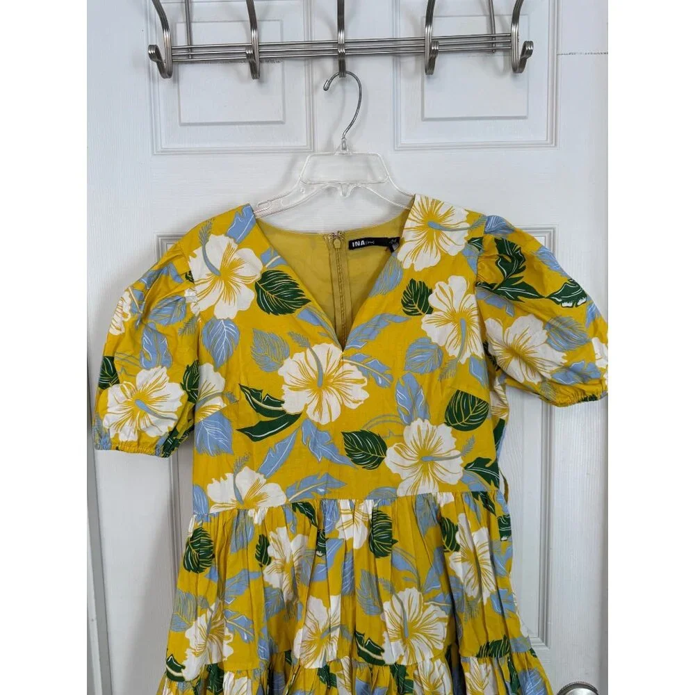 INA Yellow Tropical Floral Short sleeve V-neck Mini Dress Size Large - Picture 4 of 13